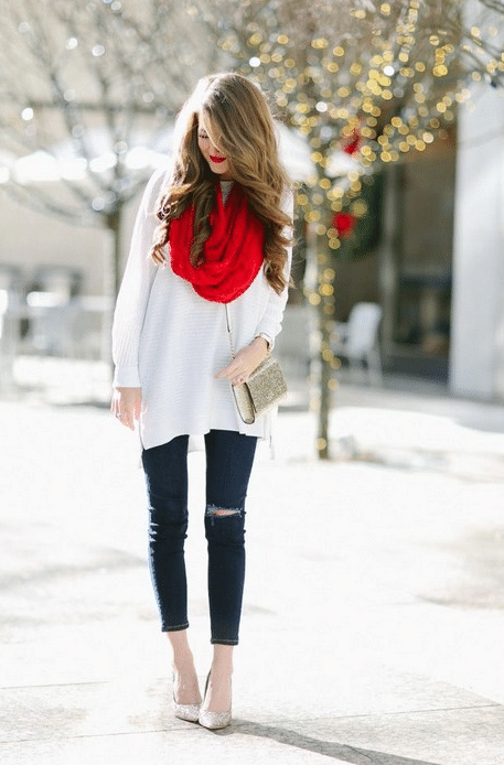 Christmas Outfit with Jeans, White Sweater, and Red Scarf for Casual Christmas Party Outfit