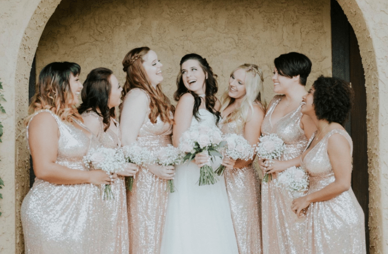 Champagne and Rose Gold Bridesmaid Maxi Dresses with Glitter and Sequins