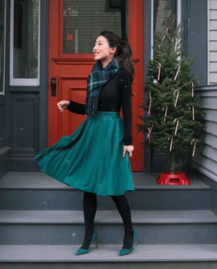 Christmas Outfit with Green Skirt and Tights for Petites