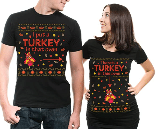 Couples Matching Thanksgiving Pregnancy T-Shirts with Turkey in the Oven