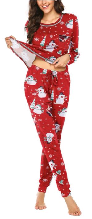 Ekouaer women's Christmas pajamas with long sleeves in red with snowmen