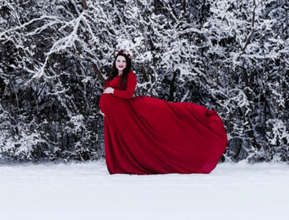 Fancy Red Maternity Dress with Train for Christmas Maternity Photo Shoots and Pictures