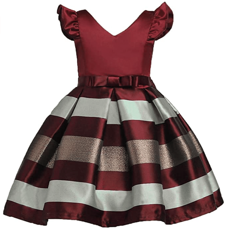Fancy Toddler Girl Christmas Dress with Gold and Red Stripes for Christmas Party