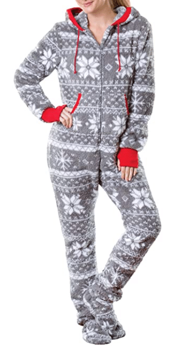 Fleece PajamaGram Christmas Onesie for Women with Snowflakes and Hoodie