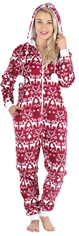 Frankie and Johnny Women's Fleece Non-Footed Onesie with Christmas Reindeer