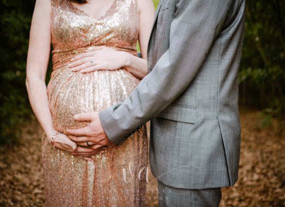 Gold Sparkly Dress for Christmas Maternity Photo Shoot