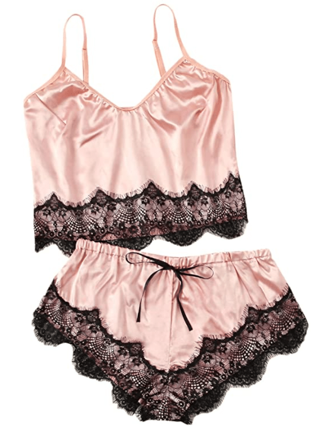 Light Pink and Black Lace Sexy Cami Pajama Set for Women_Victoria's Secret Copy