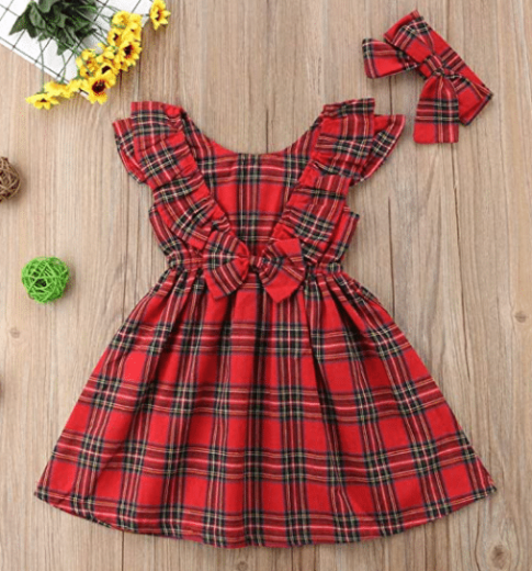 Little Girls Christmas Plaid Flannel Dress with Ruffles