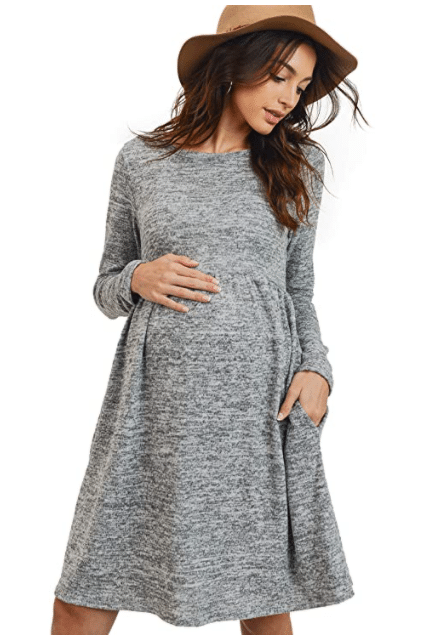 Long Sleeve, Maternity Knit Sweater Dress in Grey with Pockets