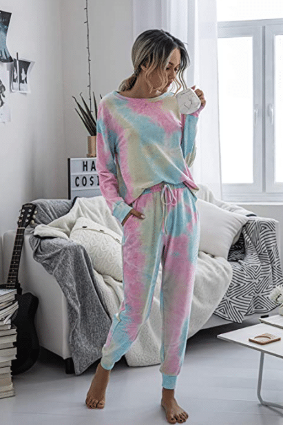 luxilooks Womens Pajama Sets Tie Dye Printed Short Sleeve Tops with Long Pants Lounge Sets