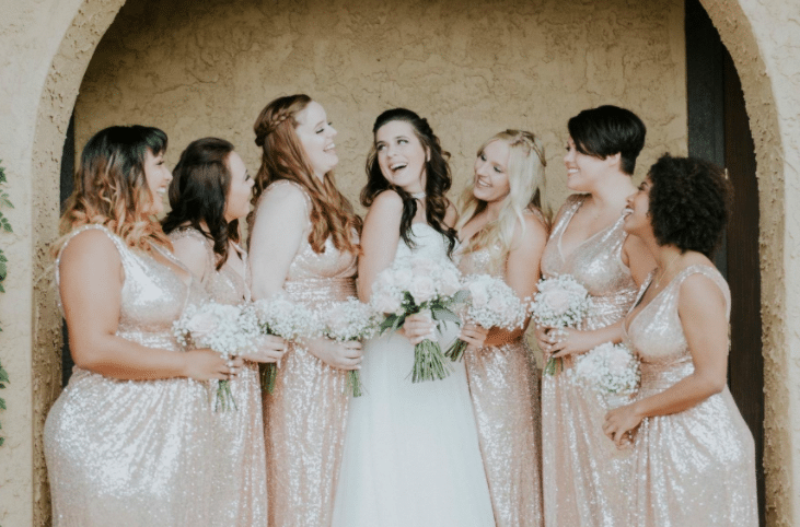 Pink, Glittery Bridesmaid Dresses by Kate Kasin for a Winter Wedding