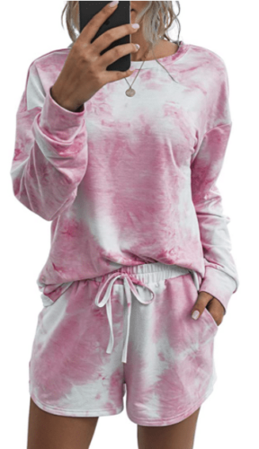 Pink Tie Dye Loungewear Set with Long Sleeves and Drawstring Shorts