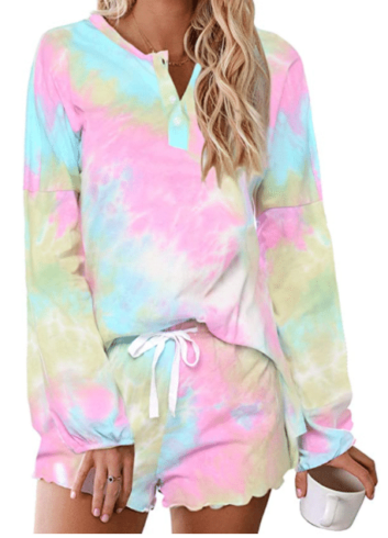 Pink Tie Dye Loungewear Set with Long Sleeves and Shorts