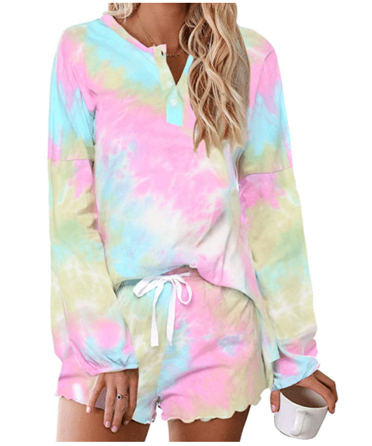 Pink Tie Dye Loungewear Set with Long Sleeves and Shorts