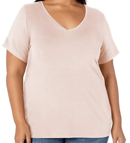 Plus Size Light Pink Shirt with V Neck for Athleisure Outfits and Loungewear