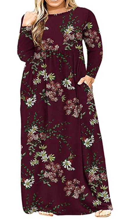 casual plus size maxi dress with pockets and long sleeves
