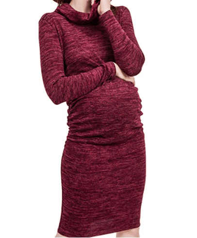 Pregnancy Red Sweater Maternity Dress with Cowl Neck and Long Sleeves