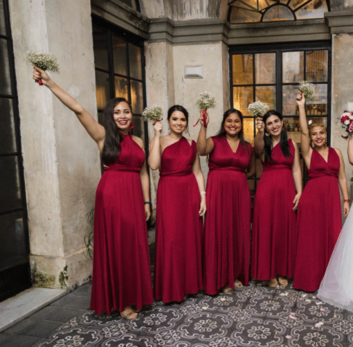 Red Halter Maxi Bridesmaid Dresses on Bridesmaids in a Winter Wedding