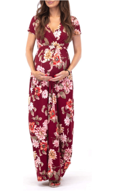 Red Maxi Floral Maternity Dress for Christmas