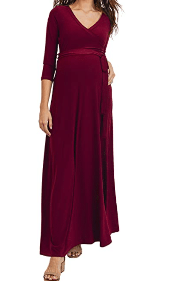 Red V Neck Wrap Maternity Dress for Christmas