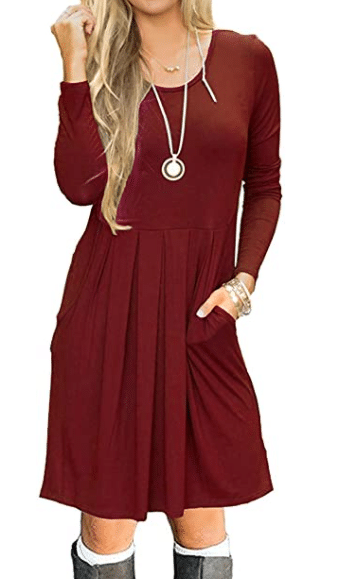 Red Wine Dress with Long Sleeves and Pockets for Fall and Thanksgiving Outfits for Women