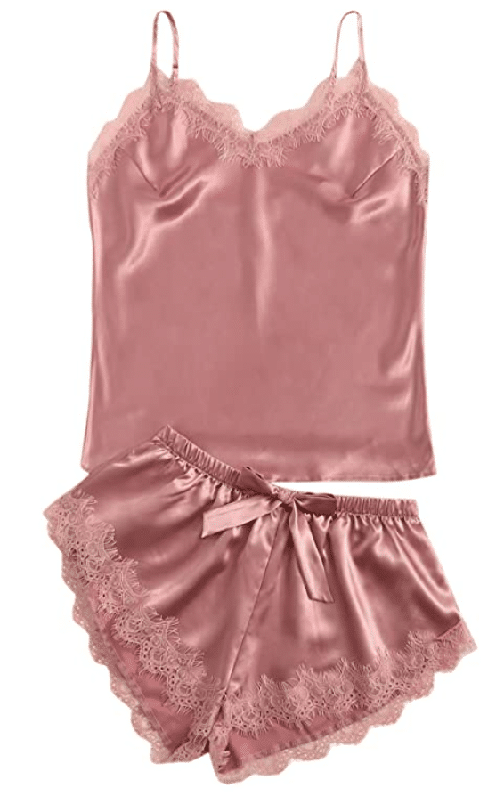 Sexy Blush Pink Pajama Set for Women with Lace and Cami Top