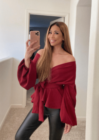 Sexy Red Off the Shoulder Blouse with Black Tights or Skinny Jeans for Fall, Thanksgiving, and Christmas Outfits
