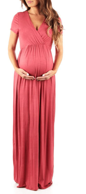 Short Sleeve, V-Neck, Long Maxi Maternity Dress in Pink for Thanksgiving or Photo Shoots