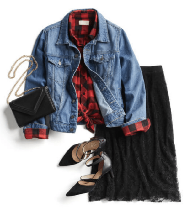 Stitch Fix Fall Skirt Outfit with Jean Jacket