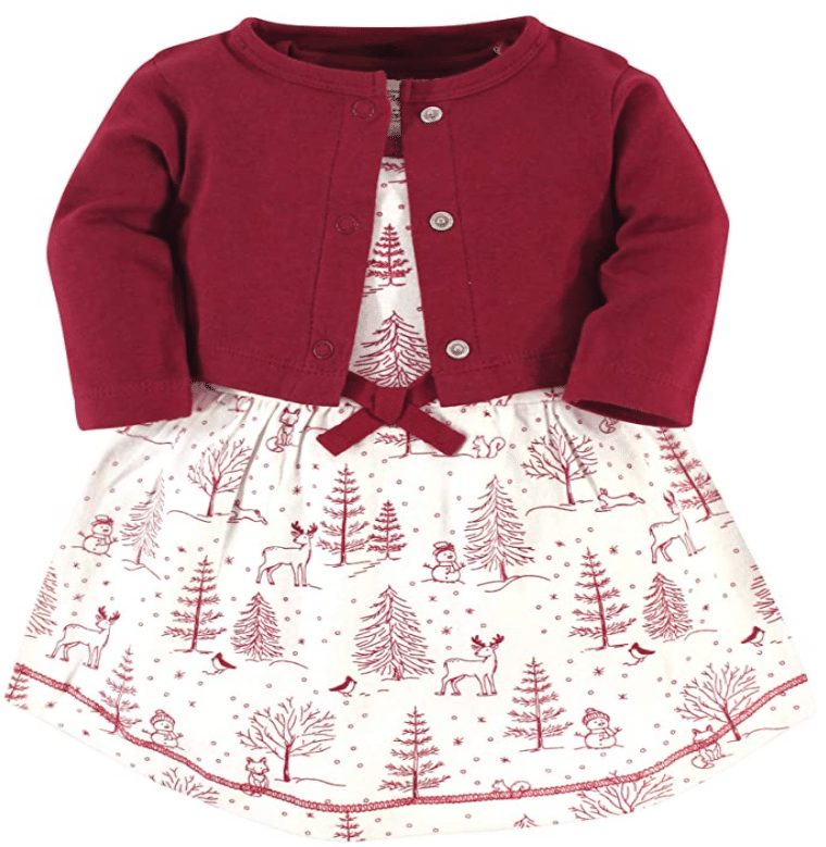 Toddler Girl Organic Cotton Christmas Dress with Reindeer and Matching Cardigan