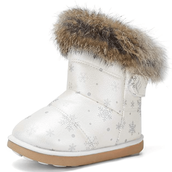 Toddler Girl White Snow Boots with Fur and Snowflakes