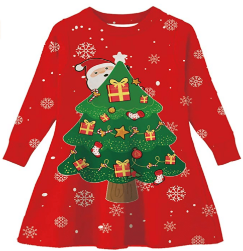 Toddler Girl and Girl Casual Christmas Sweater Dress with Santa