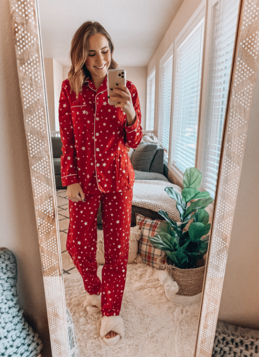 Women's Red Christmas Pajamas with White Stars