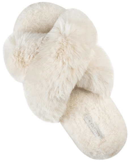 Women's Soft Plush Fleece Slippers in White with Cross Band