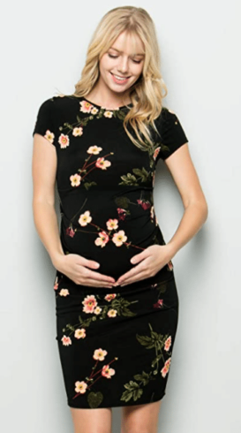 black floral print maternity dress for fall with short sleeves and cap sleeves