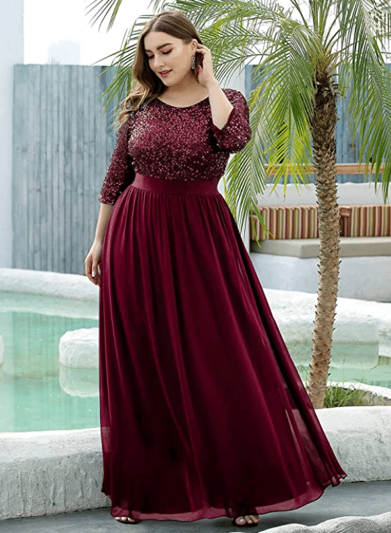 Burgundy and Red Plus Size Christmas and Formal Gala Dress with Sequins