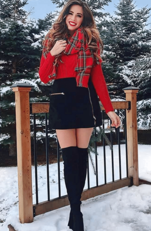 Christmas Outfit with Plaid and Black Knee High Boots