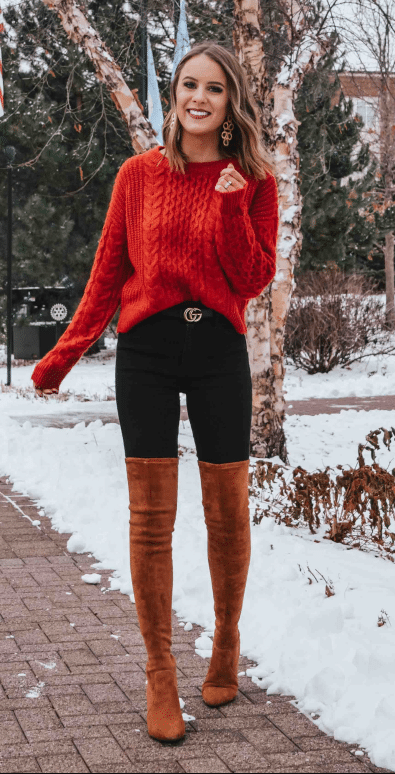 Classy Christmas Outfit with Red Sweater, Black Skinny Jeans, and Thigh High Boots