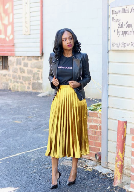 Cool and Hip Metallic Pleated Skirt Outfit with Leather Jacket