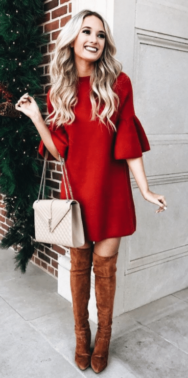 Fun Christmas Outfit with Red Dress and Thigh High Boots