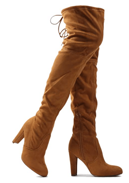 LUSTHAVE Women's Over the Knee Tan and Camel Suede Boots with Block Heel