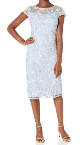 Light Blue Petite Mother of the Bride Dress with Lace and Short Sleeves
