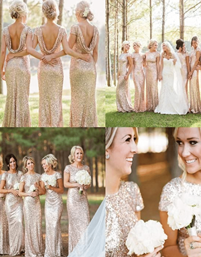 Long Gold Sequin Bridesmaid Dresses with Sleeves