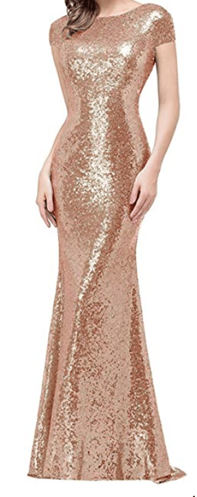 Long Gold Sequin Dress with Short Sleeves