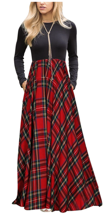 Long Maxi Length Red and Black Plaid Dress on Amazon