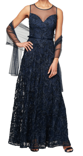 Long Petite Mother of the Bride Gown with Cap Sleeve in Navy