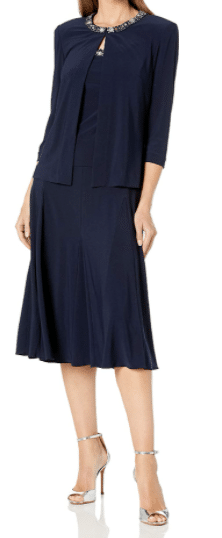 Mother of the Bride Below the Knee Dress and Matching Jacket in Navy Blue
