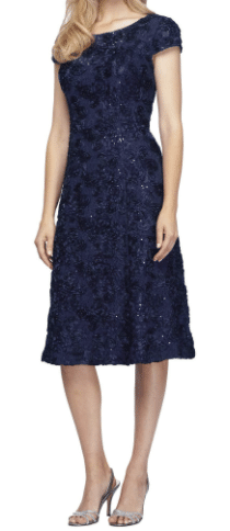 Navy Blue Lace Mother of the Bride Tea Length Dress