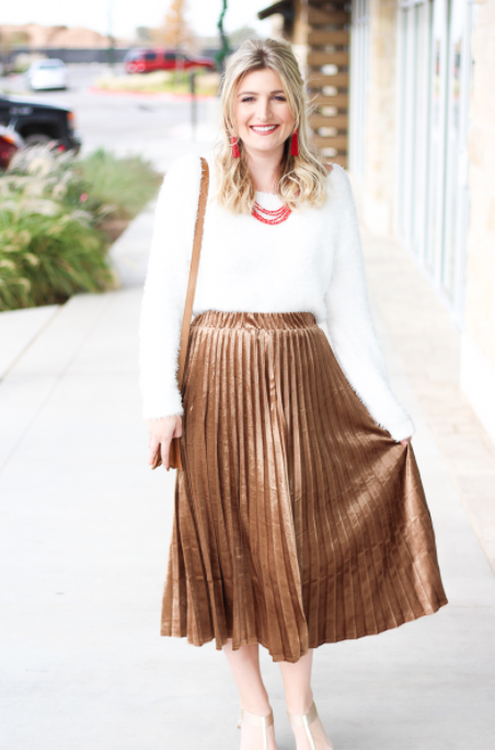 Outfit with Gold Pleated Midi Skirt