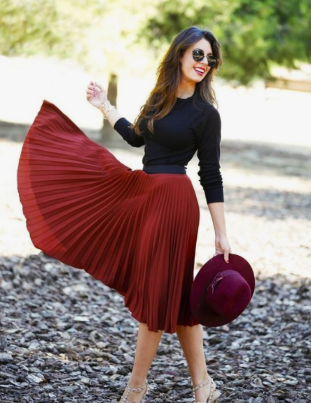 Burgundy Pleated Skirt Outfit